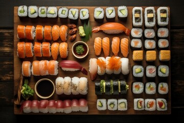 Japanese sushi top view set. Generate Ai - Powered by Adobe