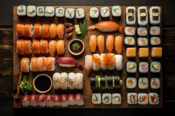 Fotobehang Japanese sushi top view set. Generate Ai © nsit0108