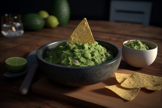 Guacamole with avocado and nacho chips on a wooden table, on dark background. AI generated