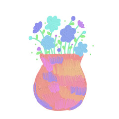 colorful cute flower in a vase, draw and paint in oil brush texture