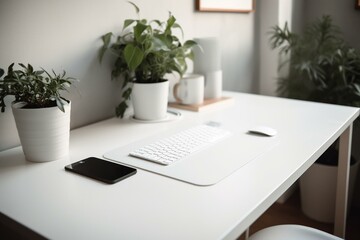 Fototapeta na wymiar White desk mat on table mockup from the side. Generative AI