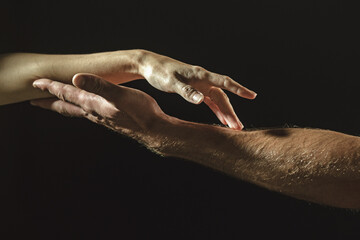 Reaching touching couple hands. Reach hand. Sensual touch fingers. Two hands trying to touch. Male and female hands reaching to each other. Hand try to touch. Fingers touch each other. Sensual arms.