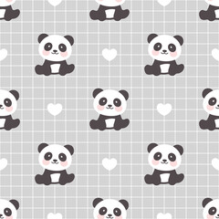 Panda bear sitting on a grid grey background with kawaii hearts, kids woodland animals seamless pattern for wrapping paper, fabric and textile print