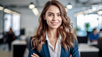 Young Successful and good-looking Woman Team Leader Start-up CEO Lawyer Boss in an office with Staff Generative AI Digital Art Background Illustration - obrazy, fototapety, plakaty