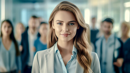Fototapeta premium Young Successful and good-looking Woman Team Leader Start-up CEO Lawyer Boss in an office with Staff Generative AI Digital Art Background Illustration
