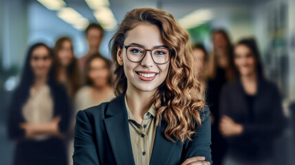 Young Successful and good-looking Woman Team Leader Start-up CEO Lawyer Boss in an office with Staff Generative AI Digital Art Background Illustration