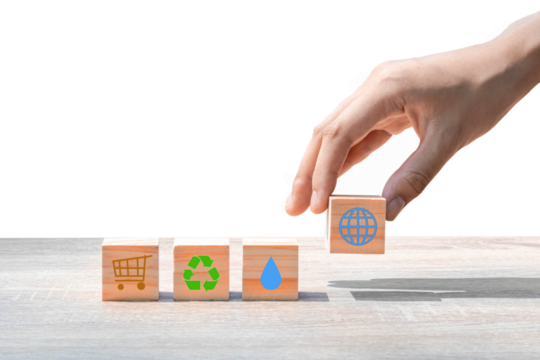 Place wooden blocks with step-by-step symbols. Isolated on 
 white background. environmental conservation concept.PNG