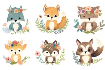 Collection of adorable woodland creatures, floral, lush foliage and blooming flowers. Ideal for nursery decor, children's books, fabric patterns, or greeting cards. Generative AI