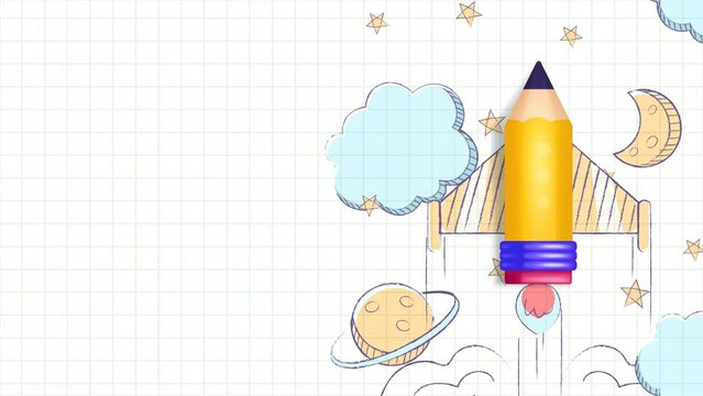 3d animation vector yellow pencil with rocket theme flying on paper, hand drawn decoration of clouds, planets and stars. Suitable for business and education