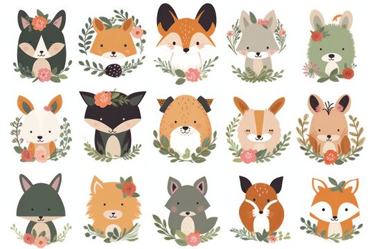 Collection of adorable woodland creatures, floral, lush foliage and blooming flowers. Ideal for nursery decor, children's books, fabric patterns, or greeting cards. Generative AI