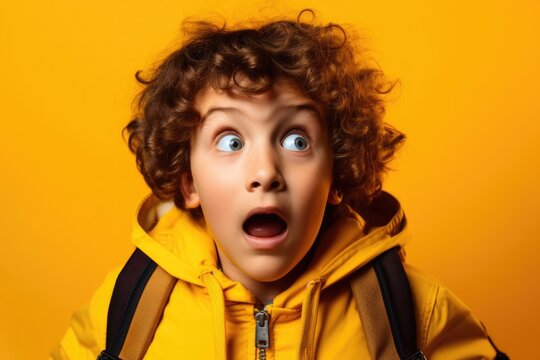 Kid with backpack with surprised face, open mouth on yellow background. Back to school. Generative ai