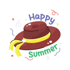 Hat with ribbon, premium hand drawn icon of beach hat, fashionable summer hat
