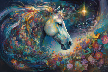 Illustration with a horse in an idyllic, unreal world. Digital art illustration