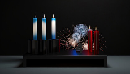 Burning candles on 3d podium, number 4 and fireworks for Memorial Day, July 4
