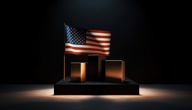 3d podiums and American flag for the presentation of products with spot lighting