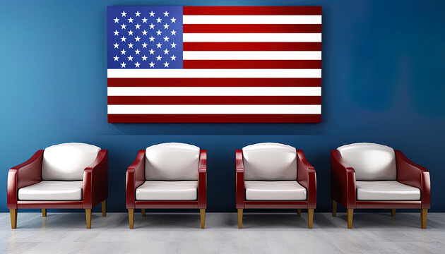 Large American flag on the wall in the room and chairs on a blue background