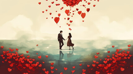 A dreamy illustration of a dancing couple and floating hearts