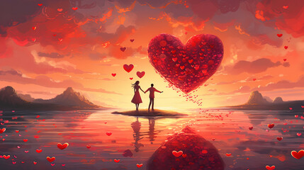 Passionate illustration with couple in love, floating hearts and sunrise in the background - obrazy, fototapety, plakaty