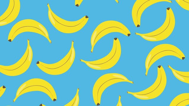 bright trendy cartoon hand-drawn animation of a lot of rotating bananas on a blue background