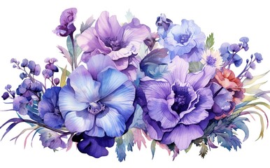 Purple bouquet of garden flowers Petunia, anemone flower, viola, crocus