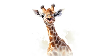 Obraz premium Adorable baby giraffe with big smile, on white background, perfect for a nursery. Generative AI