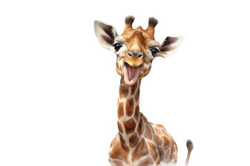 Adorable baby giraffe with big smile, on white background, perfect for a nursery. Generative AI - obrazy, fototapety, plakaty
