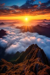 Sunrise in a sea of clouds. Generative AI