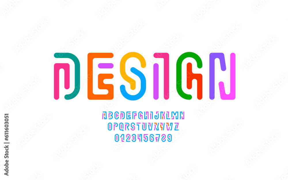 Poster playful font alphabet from multi-colored lines, game style letters and numbers, vector illustration 