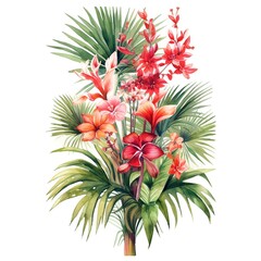 Obraz premium Tropical leaves palm and heliconia bouquet of red flowers