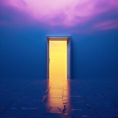 yellow door is open in the dark roomб in the style of surrealistic horror