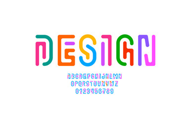 Playful font alphabet from multi-colored lines, game style letters and numbers, vector illustration 10EPS