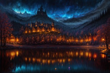 Fototapeta na wymiar Enchanted Moonlight: Intriguing Castle Illuminated in Ethereal Radiance, with a Promise of the Unseen - Generative AI 2
