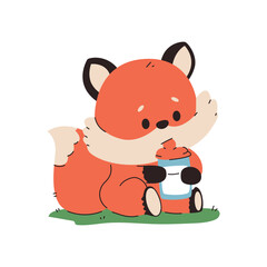 Cute baby fox with milk bottle vector cartoon character isolated on a white background.