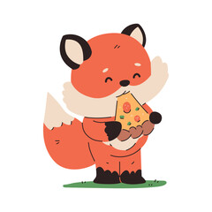 Cute baby fox eat pizza vector cartoon character isolated on a white background.