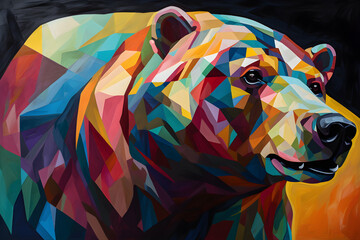 A beautiful bear, modern artwork, abstract colorful painting with geometric shapes. Hand drawn digital painting. Generative AI