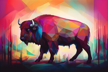 A beautiful bison, modern artwork, abstract colorful painting with geometric shapes. Hand drawn digital painting. Generative AI