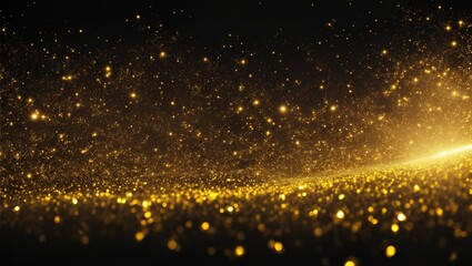 Digital Gold Particles Wave and light abstract background with shining floor particle stars dust. Futuristic glittering Luxury golden sparkling on black background, generative ai