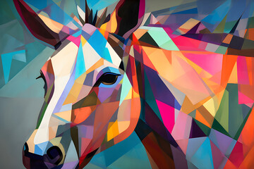 A beautiful donkey, modern artwork, abstract colorful painting with geometric shapes. Hand drawn digital painting. Generative AI