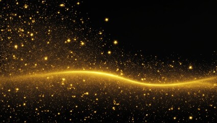 Digital Gold Particles Wave and light abstract background with shining floor particle stars dust. Futuristic glittering Luxury golden sparkling on black background, generative ai