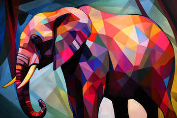 A beautiful elephant, modern artwork, abstract colorful painting with geometric shapes. Hand drawn digital painting. Generative AI