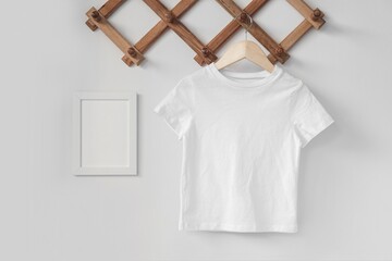 Minimalist white kid t-shirt mockup for presentation cute child sublimation designs in scandinavian...