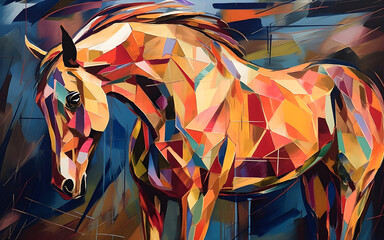 A beautiful horse, modern artwork, abstract colorful painting with geometric shapes. Hand drawn digital painting. Generative AI