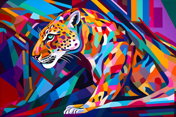 A beautiful leopard, modern artwork, abstract colorful painting with geometric shapes. Hand drawn digital painting. Generative AI