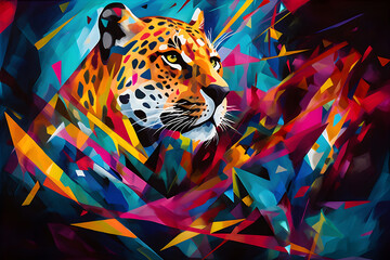 A beautiful leopard, modern artwork, abstract colorful painting with geometric shapes. Hand drawn digital painting. Generative AI
