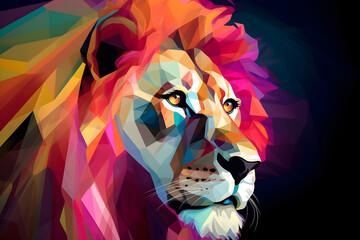 A beautiful lion, modern artwork, abstract colorful painting with geometric shapes. Hand drawn digital painting. Generative AI