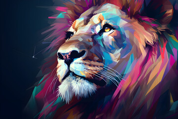 A beautiful lion, modern artwork, abstract colorful painting with geometric shapes. Hand drawn digital painting. Generative AI