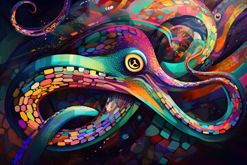 A beautiful octopus, modern artwork, abstract colorful painting with geometric shapes. Hand drawn digital painting. Generative AI