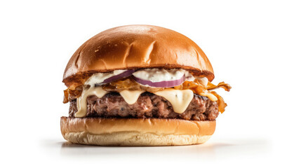Side view of Burger on a white background with beef and cream cheese realistic close-up photo...