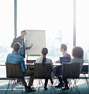 Meeting, Education And Whiteboard With A Business Man In The Boardroom For Training Or Coaching Presentation. Workshop, Management Or Leadership With A Male Employee Teaching To His Team In An Office