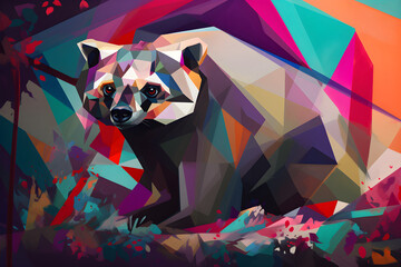 A beautiful raccoon, modern artwork, abstract colorful painting with geometric shapes. Hand drawn digital painting. Generative AI